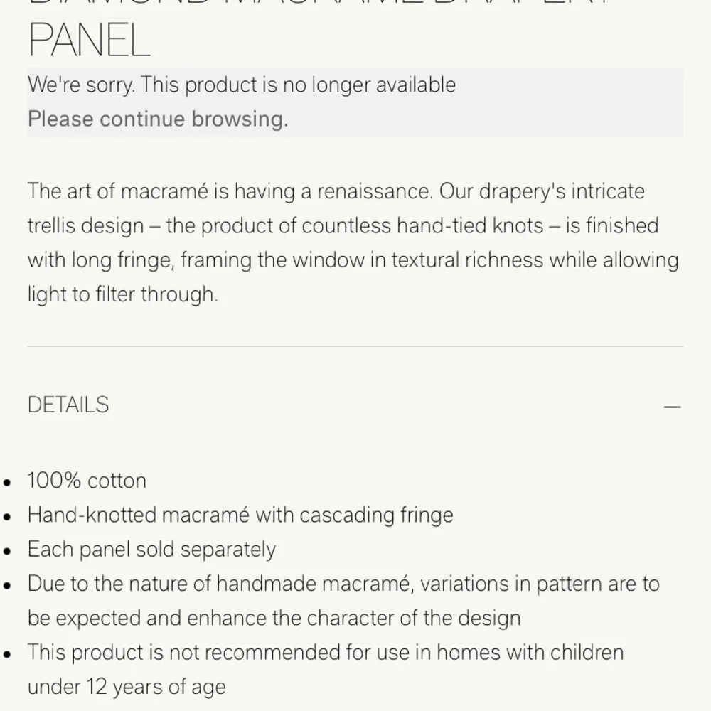 Restoration Hardware Diamond Macrame White Cotton Curtain panel50x96NFS reserved